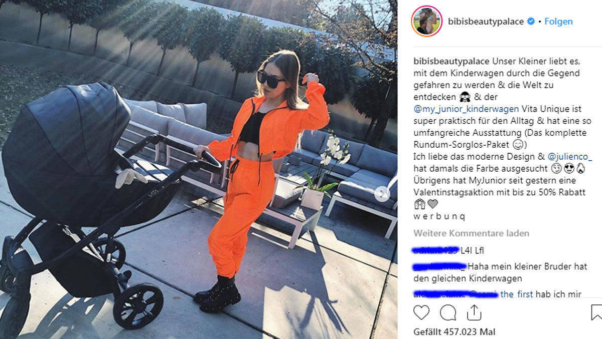 Screenshot der YouTuberin Bibi mit ihrem Kind im Kinderwagen. Den Instagram-Post nutzt sie für ihr Influencer-Marketing.